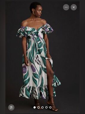 Anthropologie-Sika Off-Shoulder Green & Purple Floral Maxi Dress